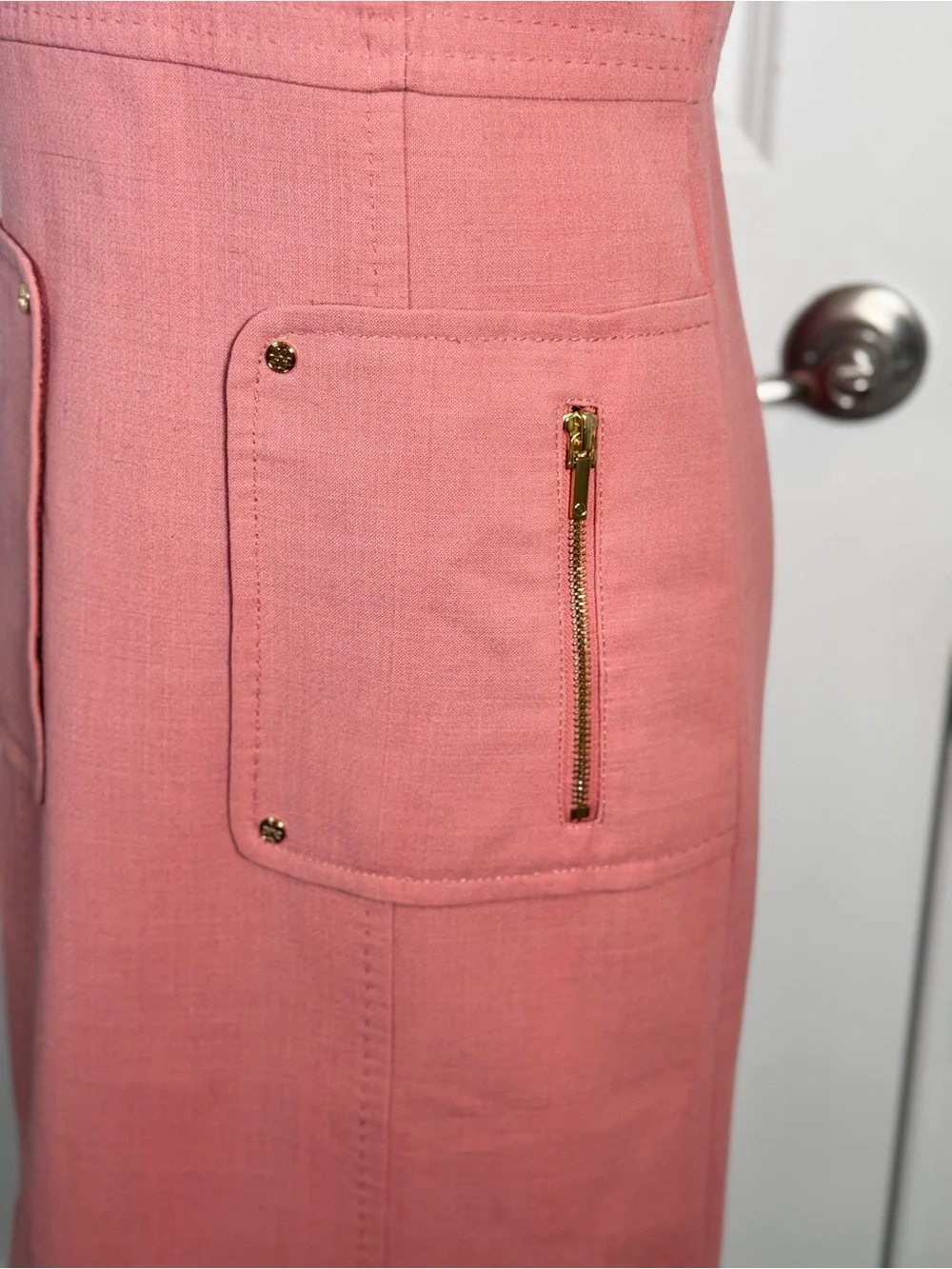Tory Burch Petra Dress 2 Peach Wool Blend Sheath Gold Zip Pockets Officecore